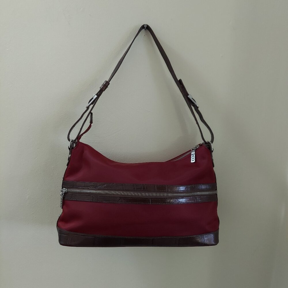 Vintage MAXX New York Luxe Burgundy Red Shoulder Bag Croc Embossed Leather Trim